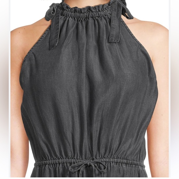 Tie Halter Maxi Dress Washed Black Ruffle Hem Time and Tru Elastic Waist Pockets - Picture 3 of 10